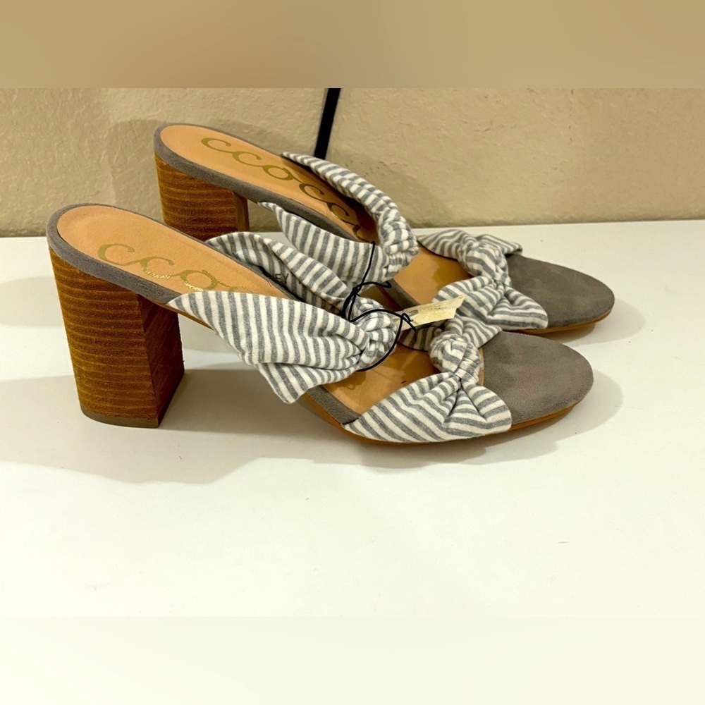 NWT Altar’d State CCOCCI Honey Gray White Stripe Knotted Block Heel Sand…